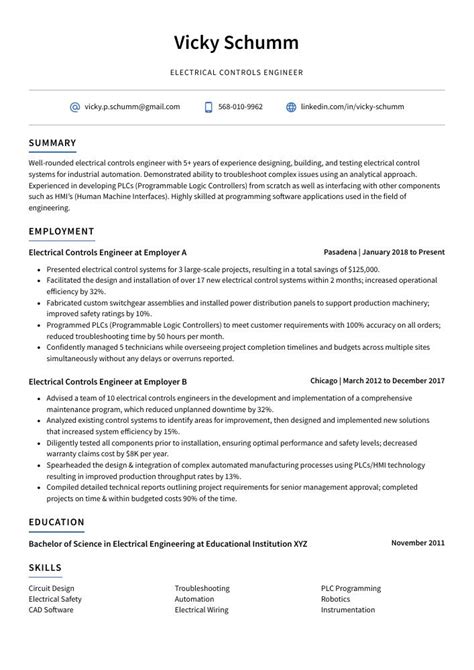 Electrical Controls Engineer Resume (CV) Example and Writing Guide