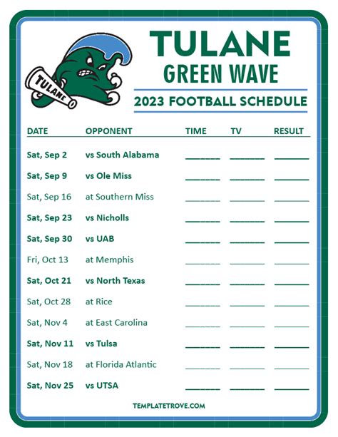 Printable 2023 Tulane Green Wave Football Schedule