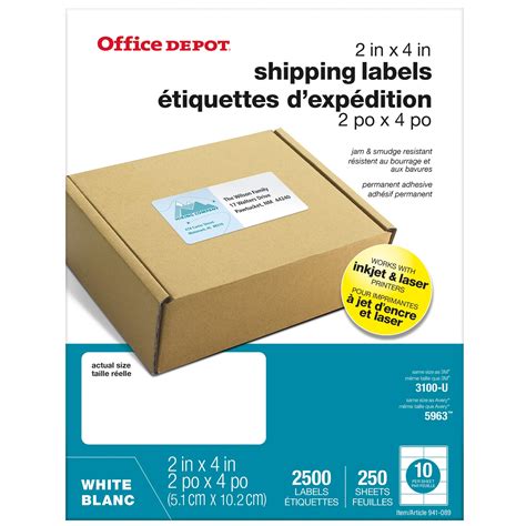 Office Depot® Laser Shipping Labels, White, 2" x 4", Sheet of 10 Labels, Pack of 250 Sheets ...