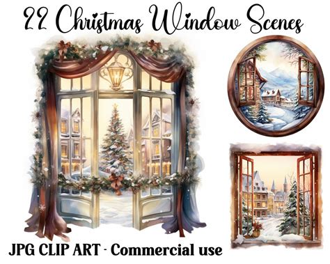 Christmas Window Scenes Watercolor Clip Art Digital & Paper - Etsy UK