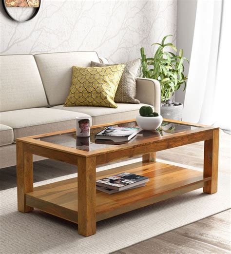 Buy McKaine Solid Wood Coffee Table with Glass Top in Rustic Teak Finish - Woodsworth By ...