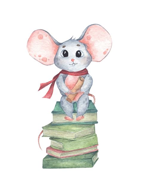 mouse sitting on a stack of books. Watercolor illustration. 2997820 Vector Art at Vecteezy