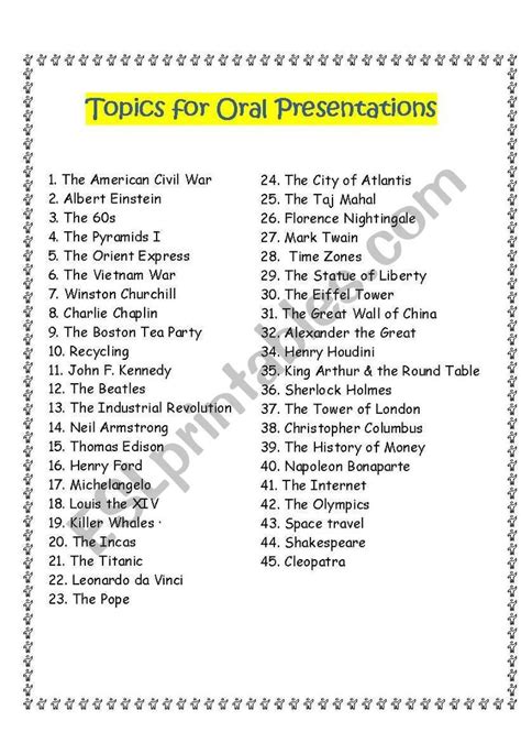 Here are 45 topics I use in my classes for Oral Presentations. I usually just walk through the ...