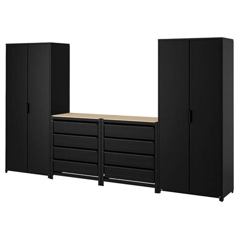 BROR Storage with cabinet/work bench, black/pine plywood, 340x40x191 cm - IKEA | Garage storage ...