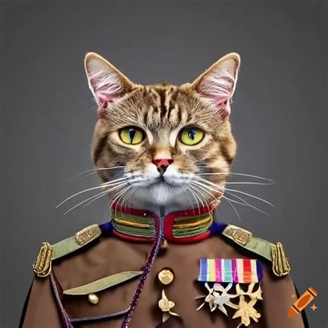 A regal cat dressed in military uniform with medals