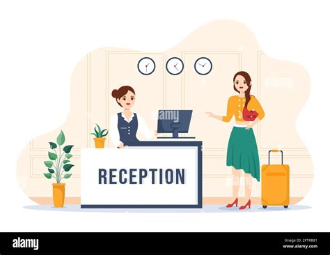 Hotel Reception Interior with Receptionist People and Travelers for Booking in Flat Cartoon Hand ...