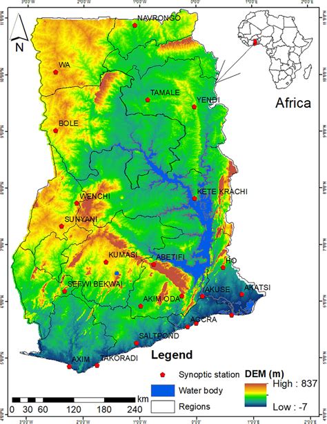 Map of Ghana showing the 16 regions and digital elevation model (DEM ...