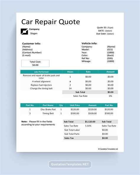 Car Repair Quote Template - BLU - 220702 – Quote Templates