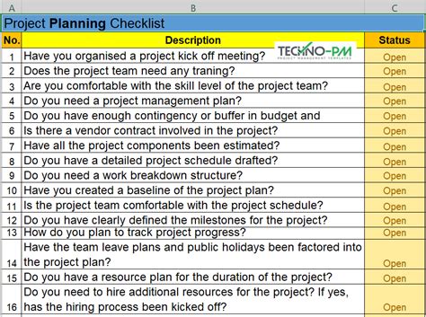 Project Management Checklist : Excel Template – Techno PM - Project Management Templates Download