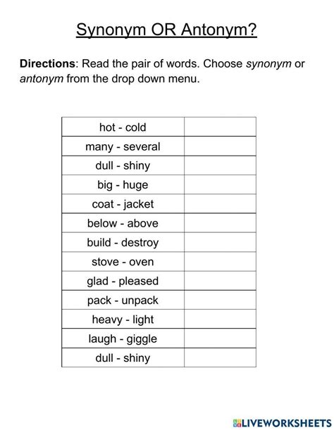 Synonyms or Antonyms: Assessment Worksheet for kids - Worksheets Library