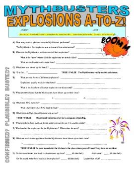 Mythbusters : Explosions A-to-Z (science video worksheet / sub plan / chemistry)