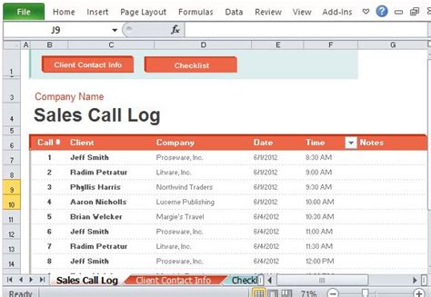 Sales Call Log Organizer For Excel