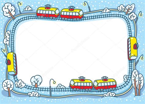 Frame design template with funny trams and rails — Stock Vector ...