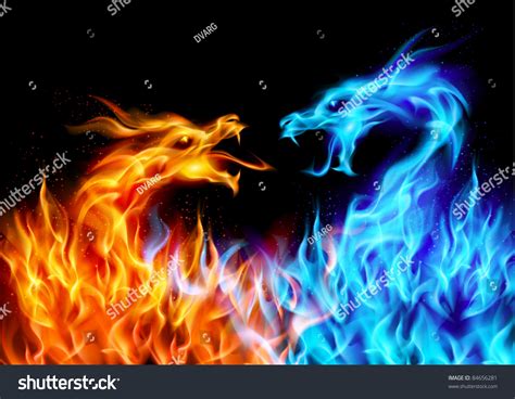 Raster Version. Abstract Blue And Red Fiery Dragons. Illustration On Black Background For Design ...