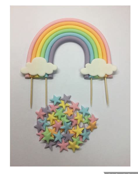 Edible Rainbow Cake Topper Decoration, Plus 24 Stars, Sugar Paste Fondant Bright Pastel Unicorn ...