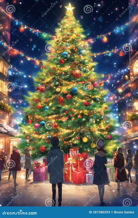 Anime Style: Christmas Tree Decorated with Blinkers with Gift Boxes ...