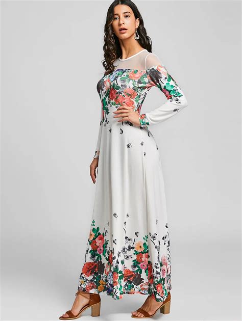 Gamiss Women 2018 Spring Mesh Insert Floral Printed Maxi Dress Casual Long Sleeve Boho Beach ...