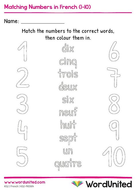 Matching Numbers in French (1-10) | Französisch, Kinder, Free