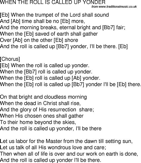 Old time song lyrics with guitar chords for When The Roll Is Called Up Yonder Eb