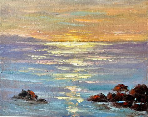 Sunrise on the Sea Original Oil Painting Seascape Wall Art Sea Bay Impasto 11 by 14 by ...