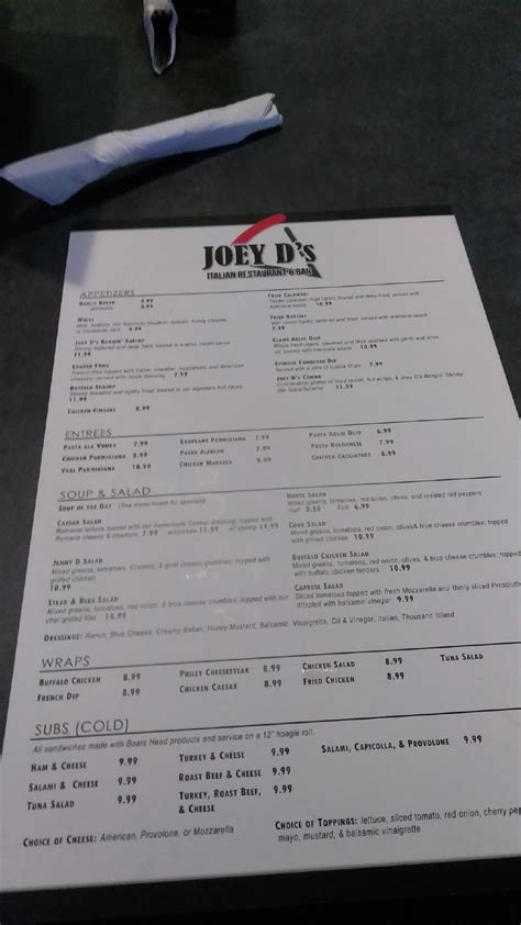 Menu at Joey D's Marco Island pizzeria, Marco Island