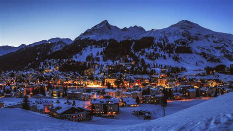 Image Switzerland Davos Winter mountain Snow Evening 1920x1080