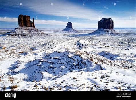 West Mitten Butte, East Mitten Butte and Merrick Butte in the Monument Valley National Park in ...