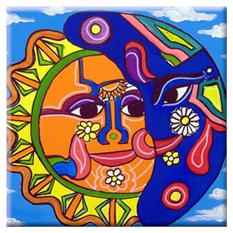 Mexican Folk Art SUN & MOON TILE Signed By Artist