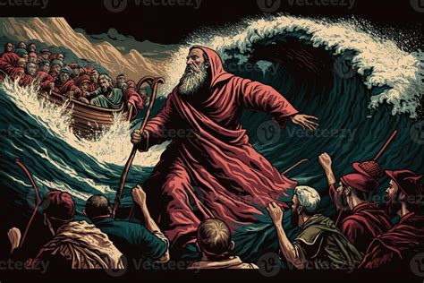 Illustration of the Exodus of the bible, Moses crossing the Red Sea with the Israelites, escape ...