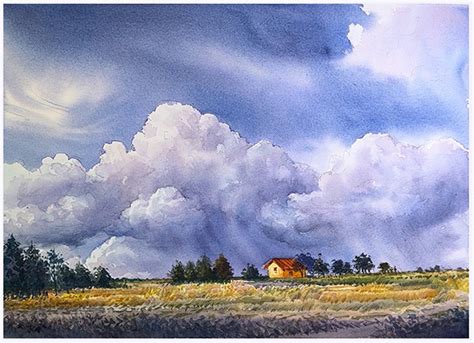 Tutorial: Watercolor painting landscape - Clouds over a field