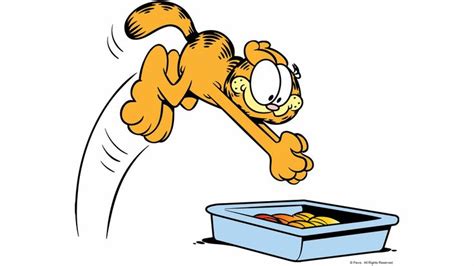 garfield the cat jumping out of a litter box to catch some fish in it's mouth