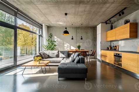 interior of modern bright living room with concrete walls, concrete ...