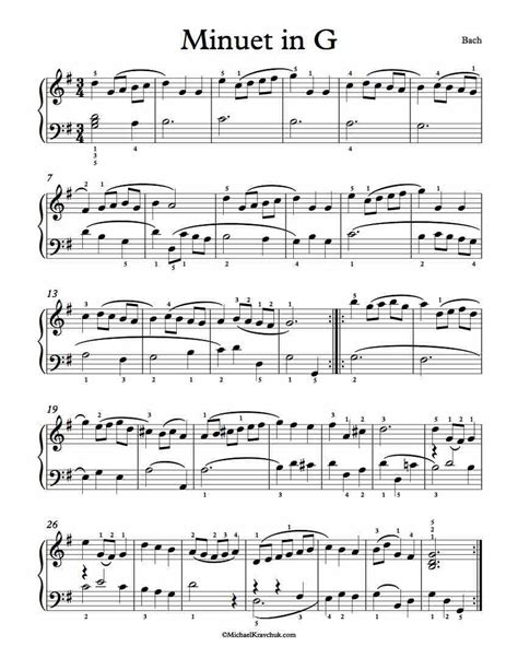 Free Piano Sheet Music For Bach Minuet In G Major. 1 Page Version ...