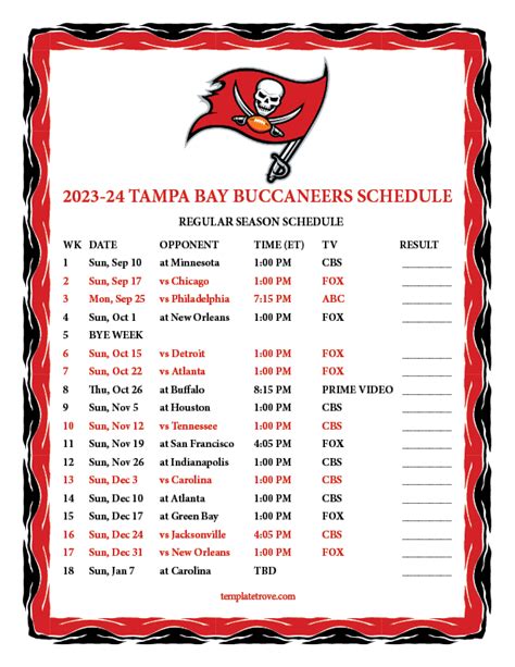 Printable 2023-2024 Tampa Bay Buccaneers Schedule