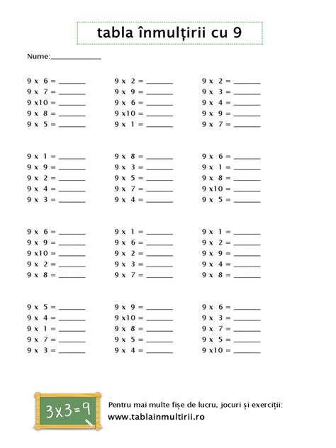 Fise de Lucru Cu Tabla Inmultirii Cu 9 Ws4