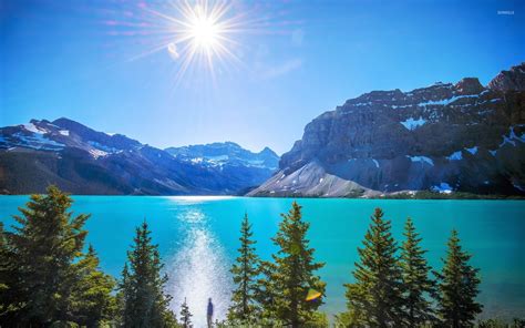 Bright sun in the clear sky above the mountain lake wallpaper - Nature wallpapers - #53554