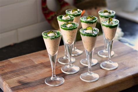 Salmon and crème fraiche shots topped with watercress purée and pickled cucumber | Canapes ...