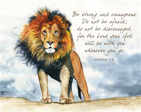 Lion Artwork Bible Verse Courage Scripture, Joshua 1:9, From Watercolor Painting by Cheryl Casey ...