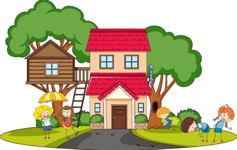 A simple house with kids in nature background 6591484 Vector Art at Vecteezy