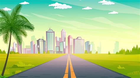 cartoon city landscape with palm trees and road 32048970 Stock Video at ...