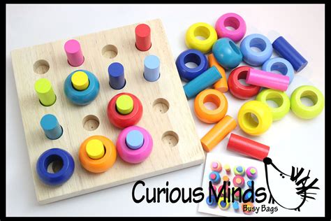 Wood Peg Board and Stacking Toy with Pattern Cards | Curious Minds Busy Bags