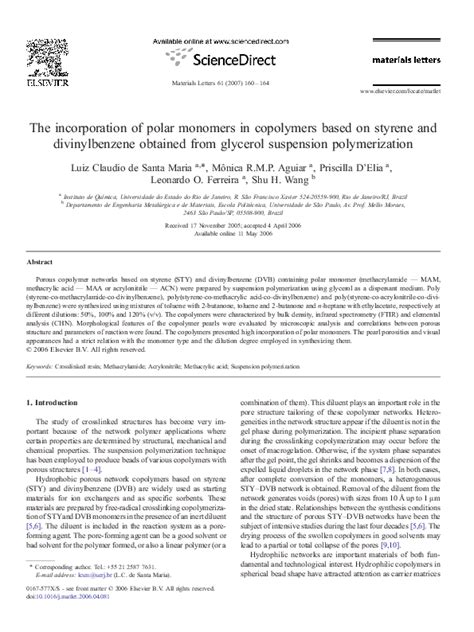 (PDF) The incorporation of polar monomers in copolymers based on styrene and divinylbenzene ...