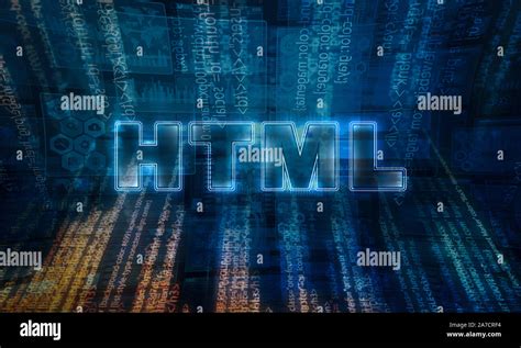 Texto HTML en neón colocado en estilo futurista y tecnológicamente avanzadas con códigos de ...