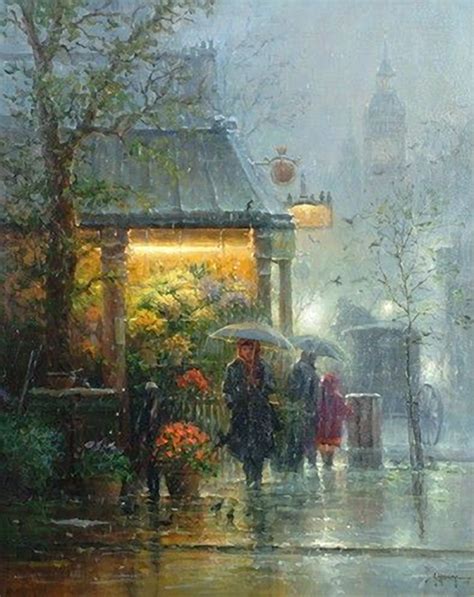 Harvey, G (Gerald Harvey Jones - b,1933)- Old London Flower Shop | Rain painting, Rain art, Painting