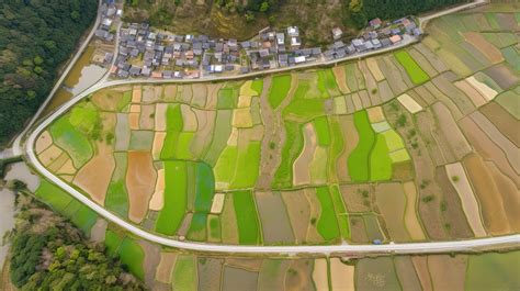 Aerial Photography Of Rice Fields And Villages In Japan Background, A ...