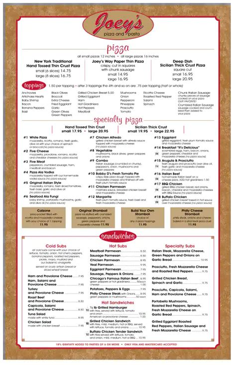 Menu at Joey's Pizza & Pasta House restaurant, Marco Island