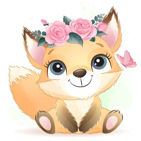 Cute little fox clipart with watercolor illustration