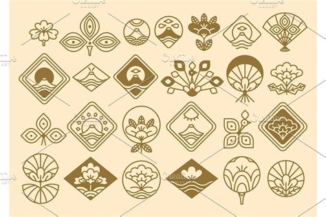 a set of japanese symbols and emblems in line art style on beige paper background