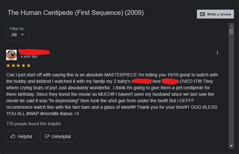 The first review I saw for Human Centipede 1 : r/2mad4madlads