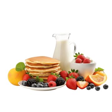 Pancakes And Fruits With Milk, Breakfast, Menu, Food PNG Transparent ...